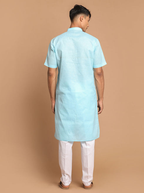 Vastramay Men's Aqua Bule Solid Kurta with White Pant style Cotton Pyjama Set